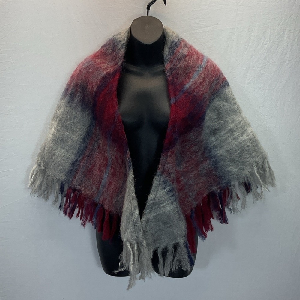 Vintage Wrap Shawl 1960's THE SCOTCH HOUSE Red Blue Plaid Triangle‎ Mohair Wool